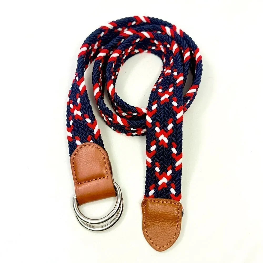 Dibi Red Blue White Woven Leather Tip D Buckle Stretch Nautical Coastal Belt